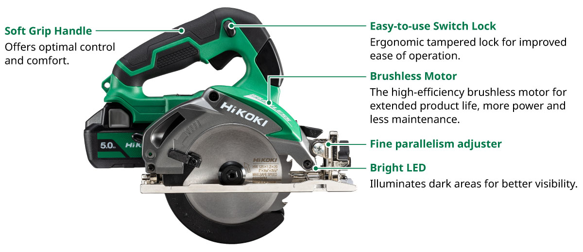 Explanatory image of Product features and specifications. Soft Grip Handle: Offers optimal control and comfort. Easy-to-use Switch Lock: Ergonomic tampered lock for improved ease of operation. Brushless Motor: The high-efficiency brushless motor for extended product life, more power and less maintenance. Fine parallelism adjuster. : For Bright LED: Illuminates dark areas for better visibility.
