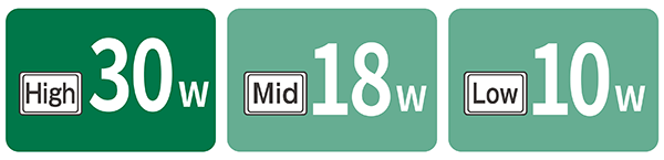 High 30W, Mid 18W, Low 10W