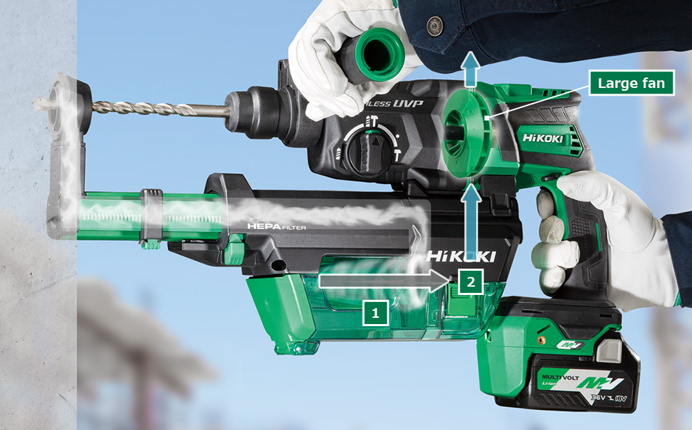 Hikoki Cordless Rotary Hammer Drill (DH36DPE) Dust Collection System Explanation Image
