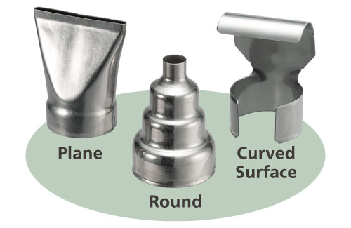 Three standard accessory nozzles for plane, round and curved surfaces